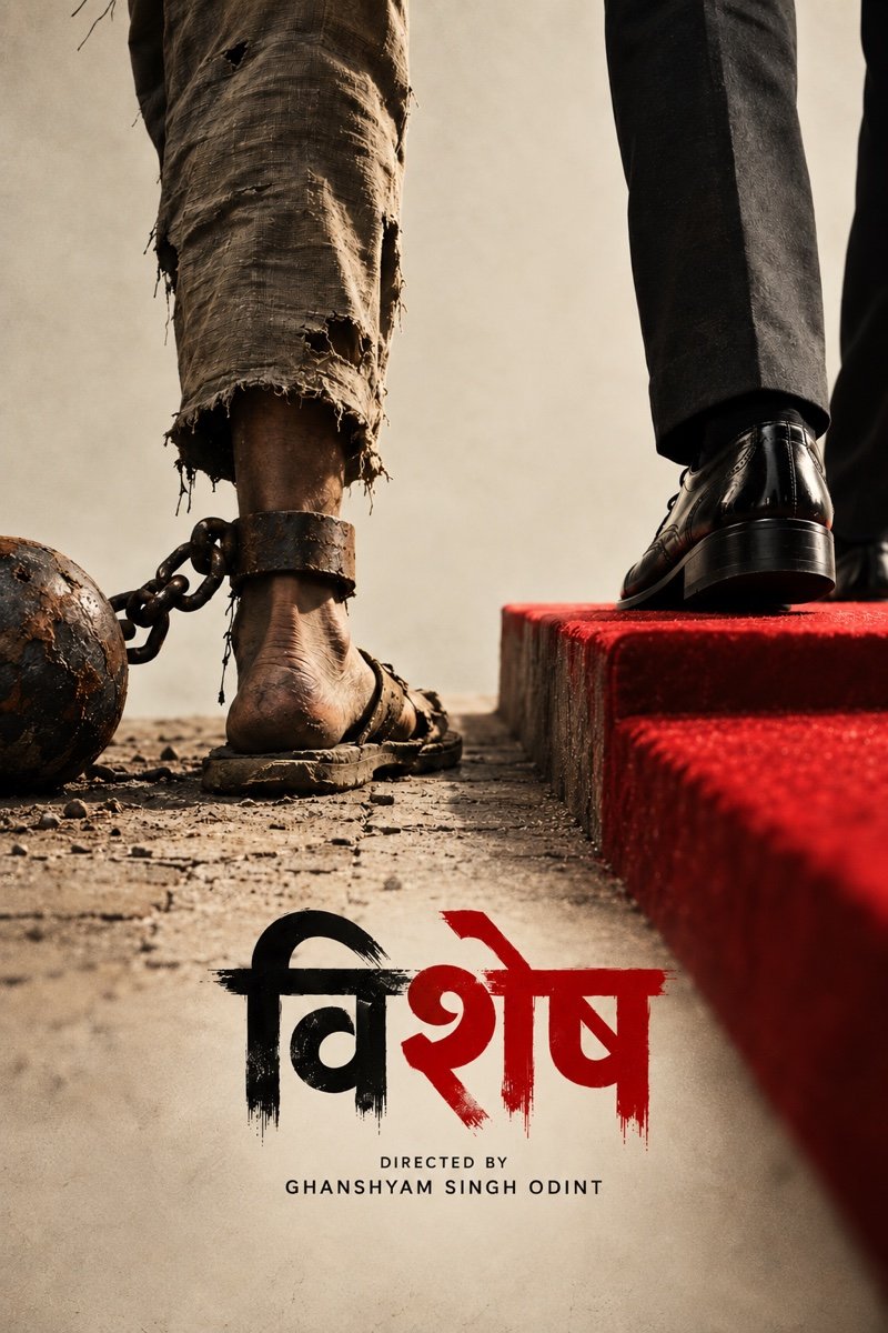 Vishesh poster — a shackled bare foot beside a polished shoe stepping onto a red carpet; dir. GhanShyam Singh Odint